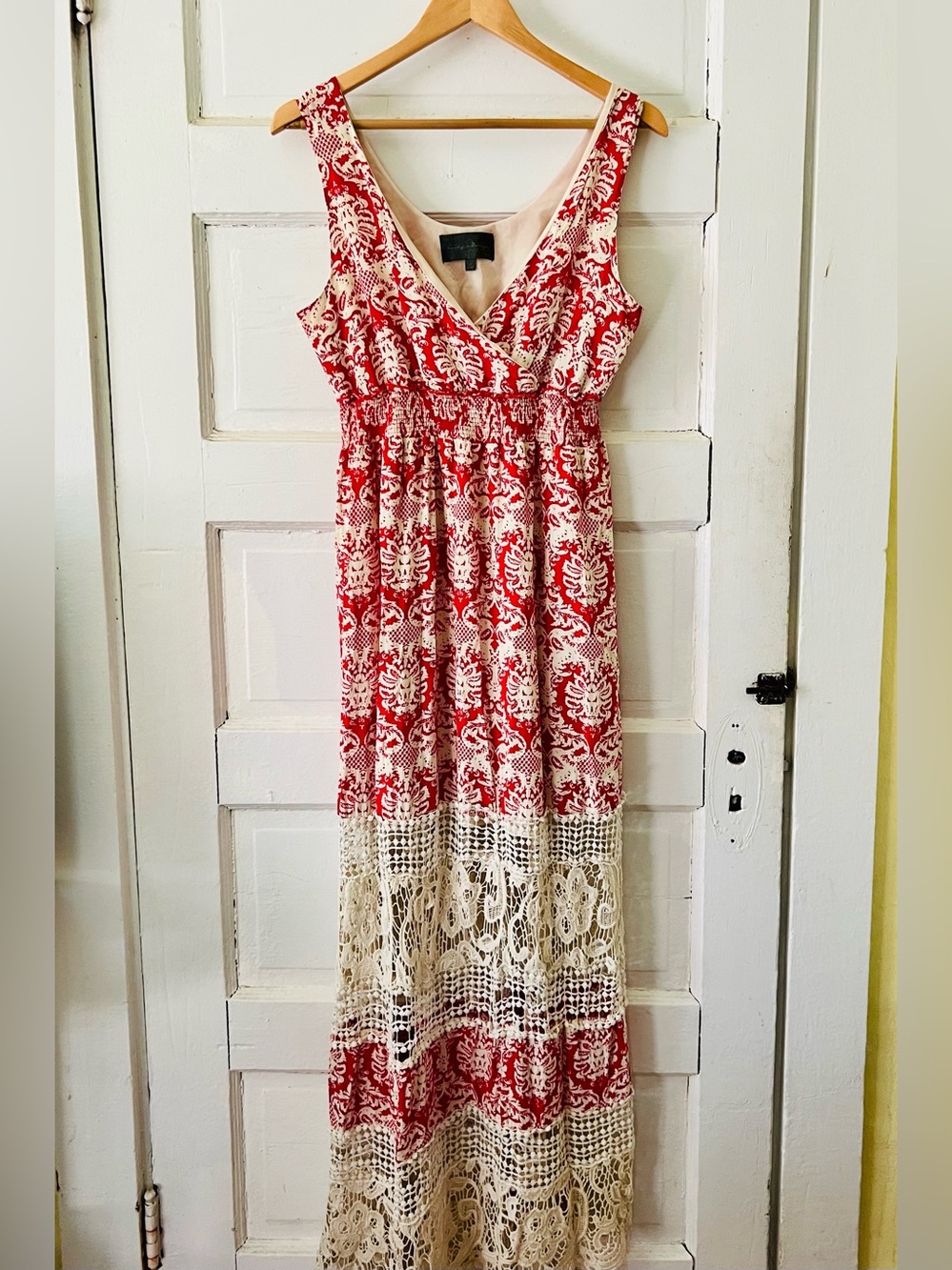 Anthropologie Sunday in Brooklyn Boho Red & Cream Tiered Crochet Lace Maxi Dres